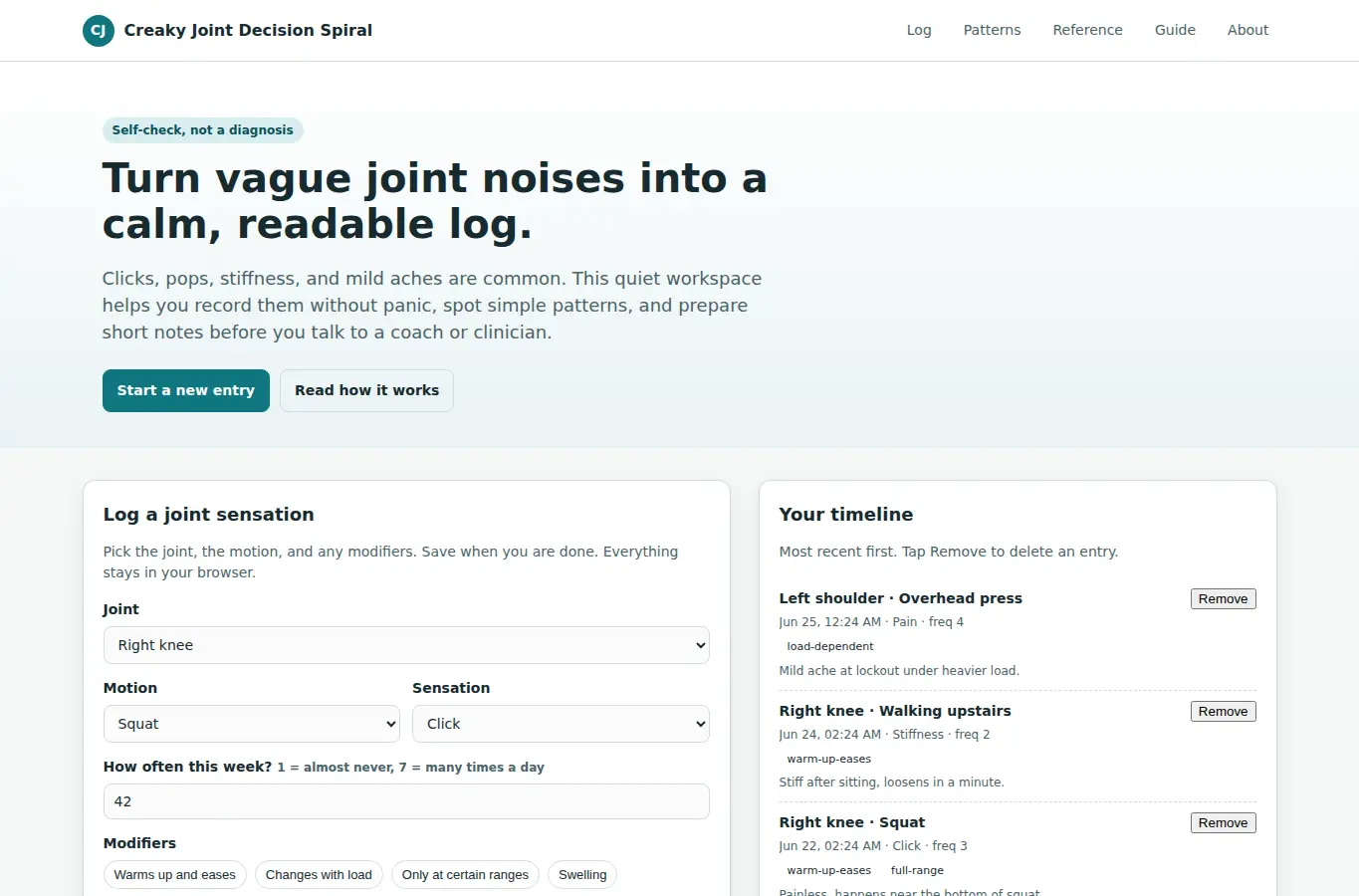 Screenshot of Creaky Joint Decision Spiral interface showing the project page in use